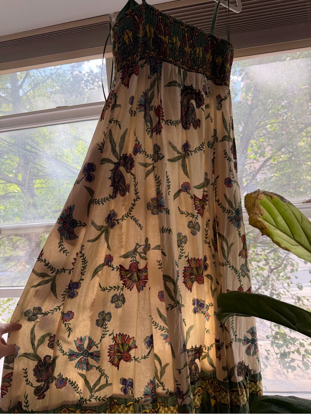 Bohemian Floral Cream Maxi Dress with Green Trim - Picture 2 of 4